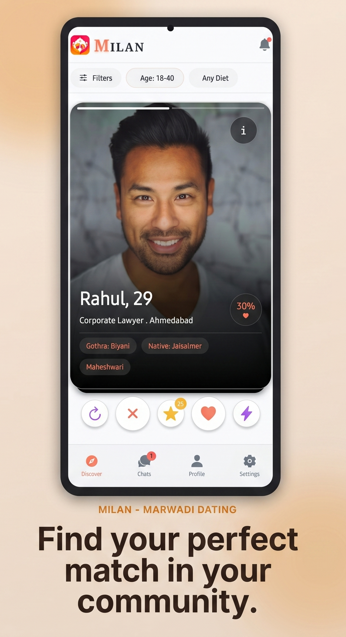 Milan app discovery screen showing a verified profile match